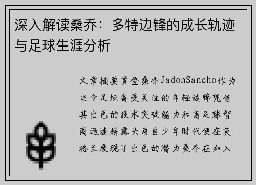 深入解读桑乔：多特边锋的成长轨迹与足球生涯分析